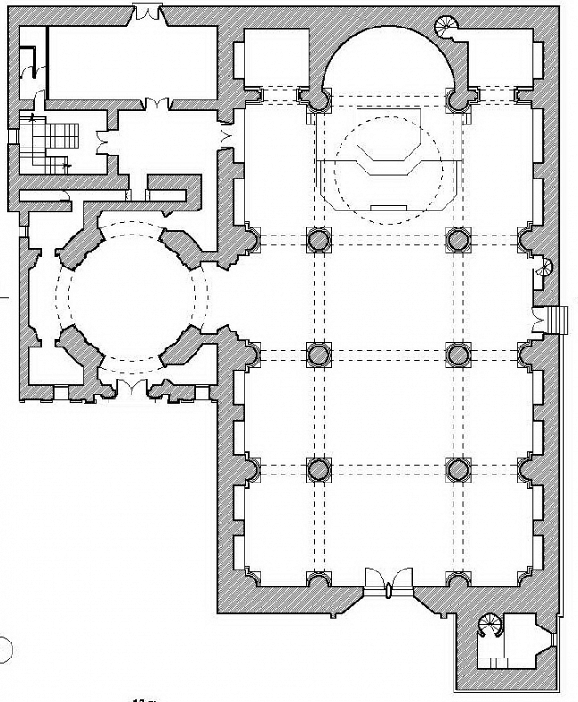 Planta de San Martín Obispo: torre, templo, capilla y sacristía