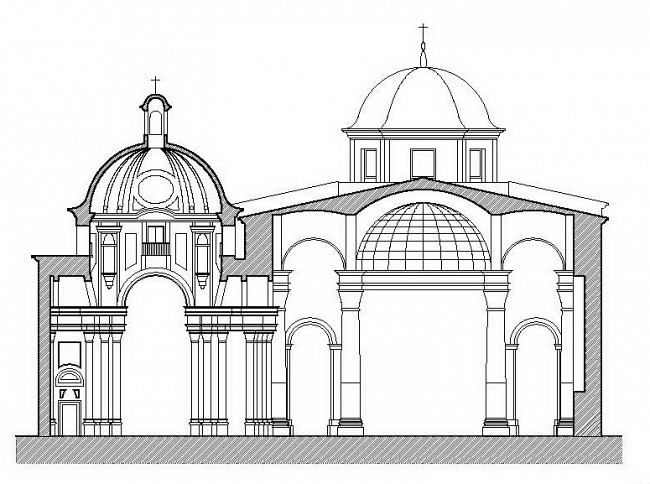 Sección transversal del templo por la sala columnaria y capilla (ss. XVI-XVIII)