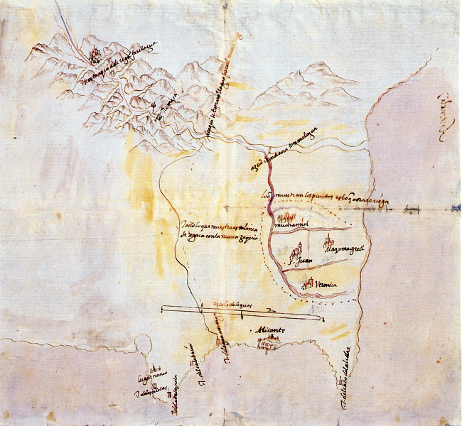 Planos (1585) de la cuenca regada por el pantano de Tibi y del sistema de azudes y acequias a las huertas de Alicante, Mutxamel, Campello, San Juan, Villafranqueza, Sta. Faz y Benimagrell
