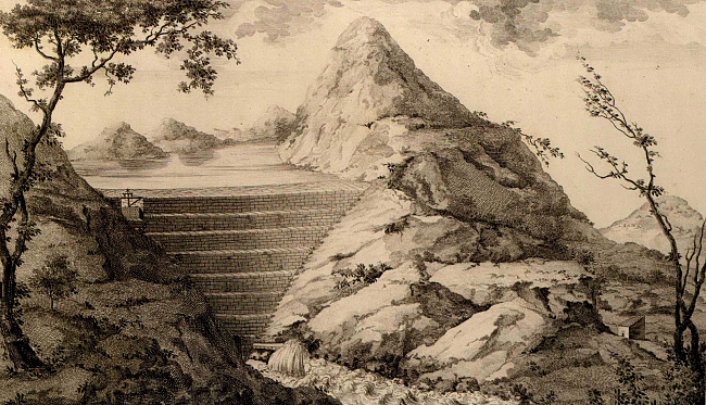 “Vista del Pantano de Tibi” de Tomás López Enguinados (1795-97) publicado por José Cavanilles 