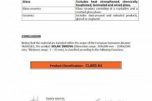 Solar Innova logra una nueva certificación de Conformidad con la Norma Europea UNE-EN 13501-1, relativa a la clasificación en función del comportamiento frente al fuego de los productos de construcción y elementos para la edificación. Parte 1: Clasificac